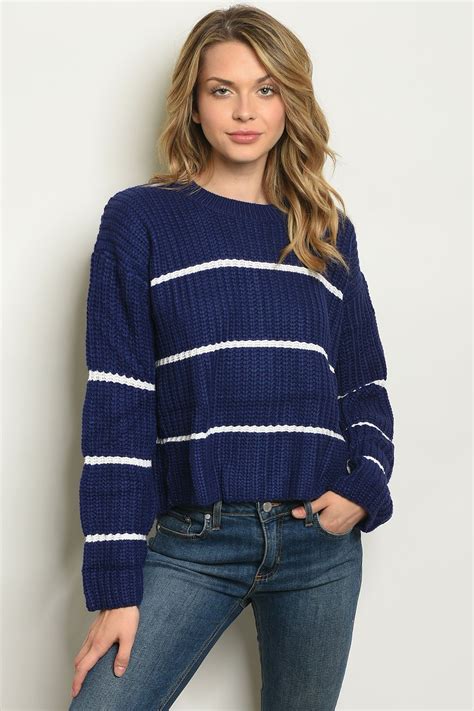 navy blue striped sweater.